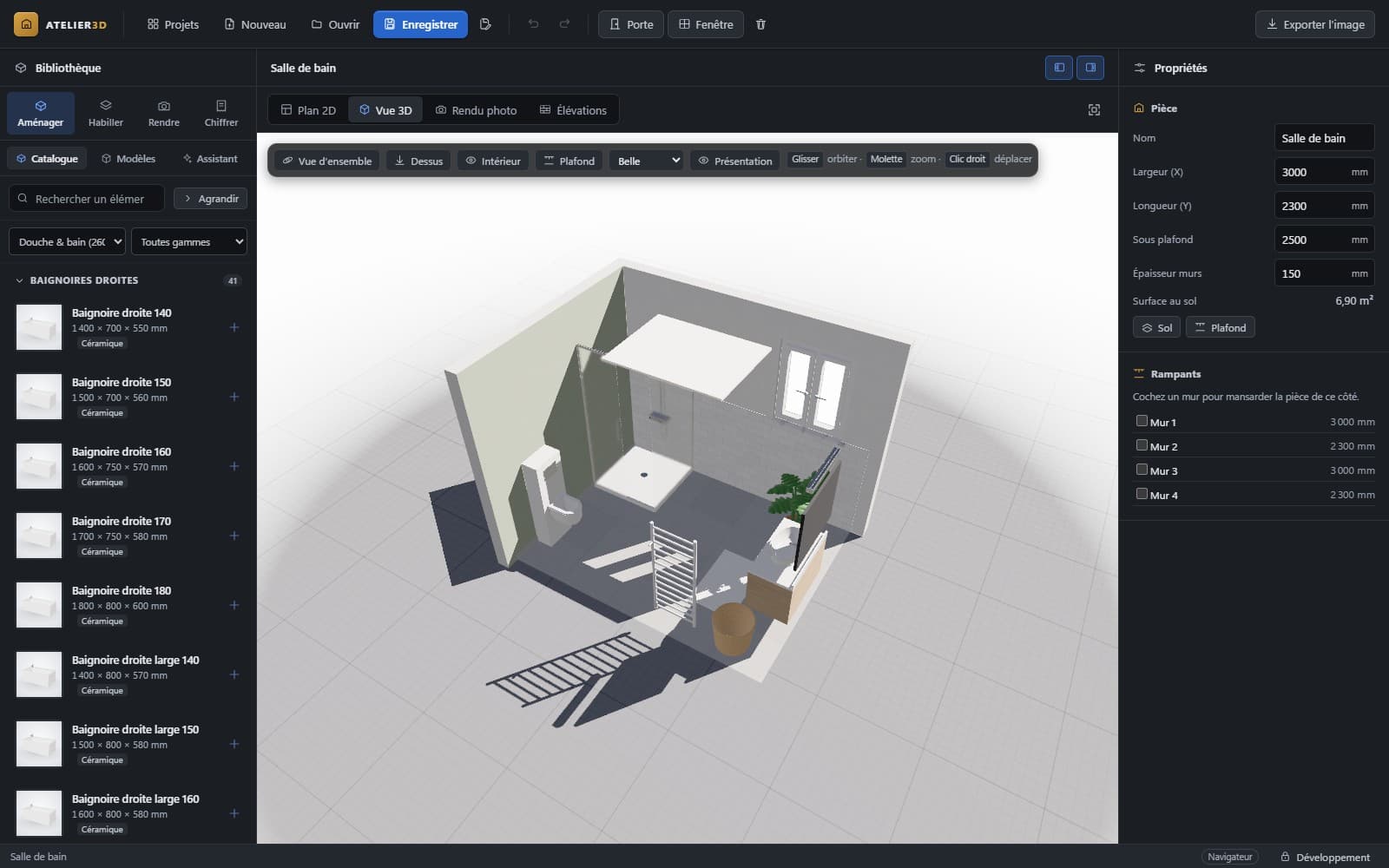 3D Rénov : salle de bains en vue 3D, catalogue ouvert sur la douche et le bain