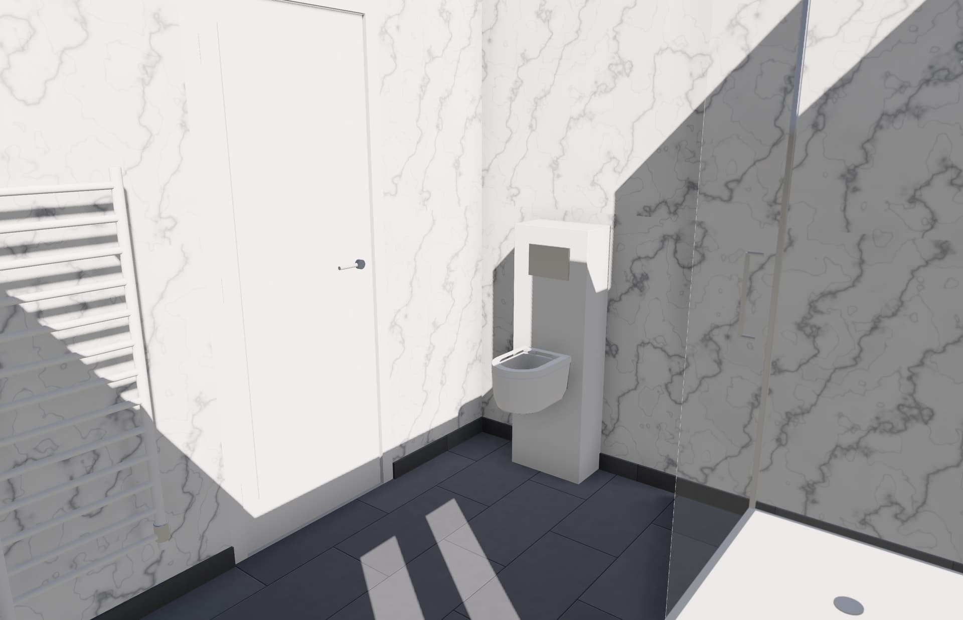 La même salle de bains en marbre blanc et carrelage anthracite