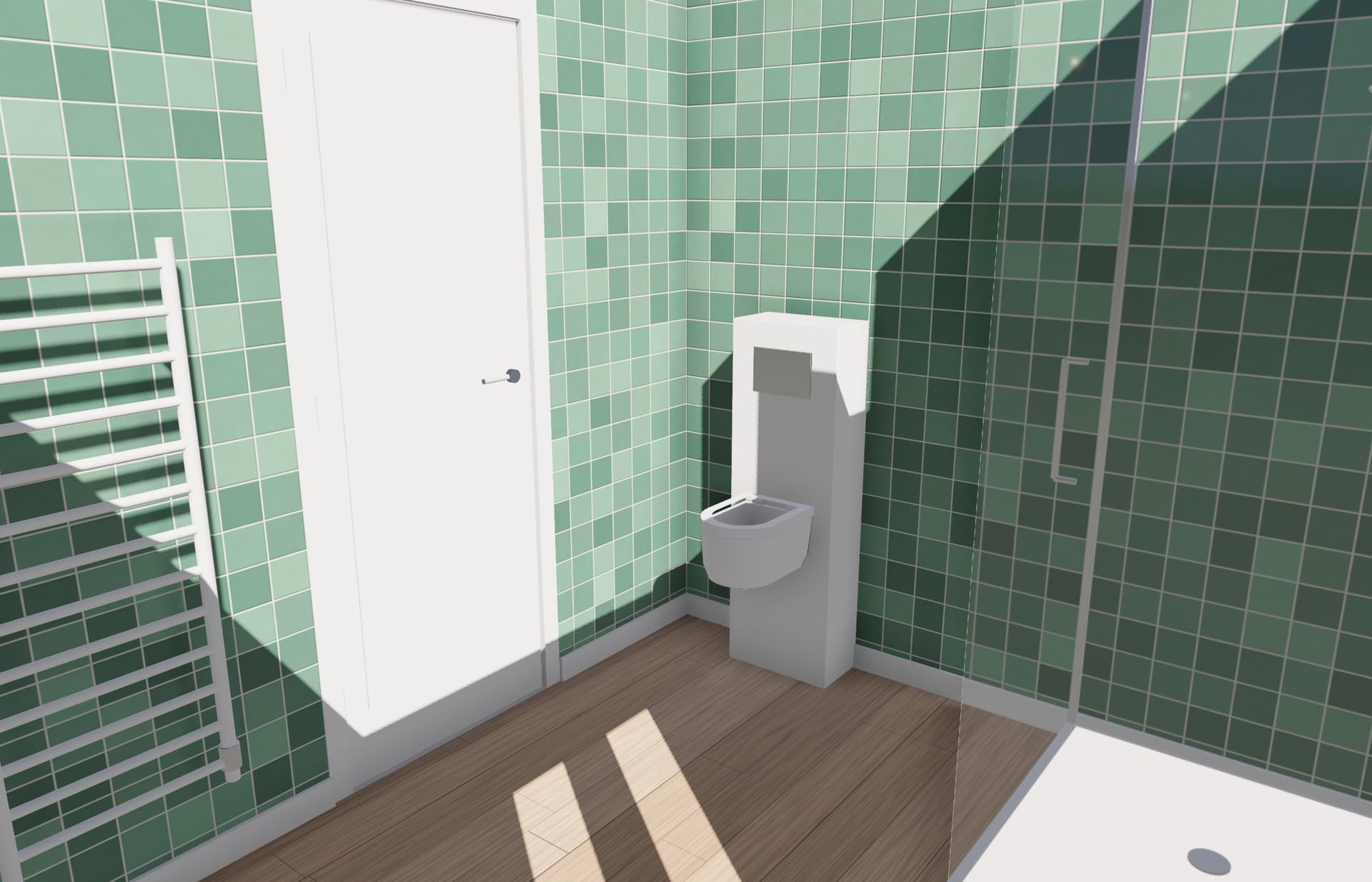 Salle de bains en zellige vert et parquet chêne