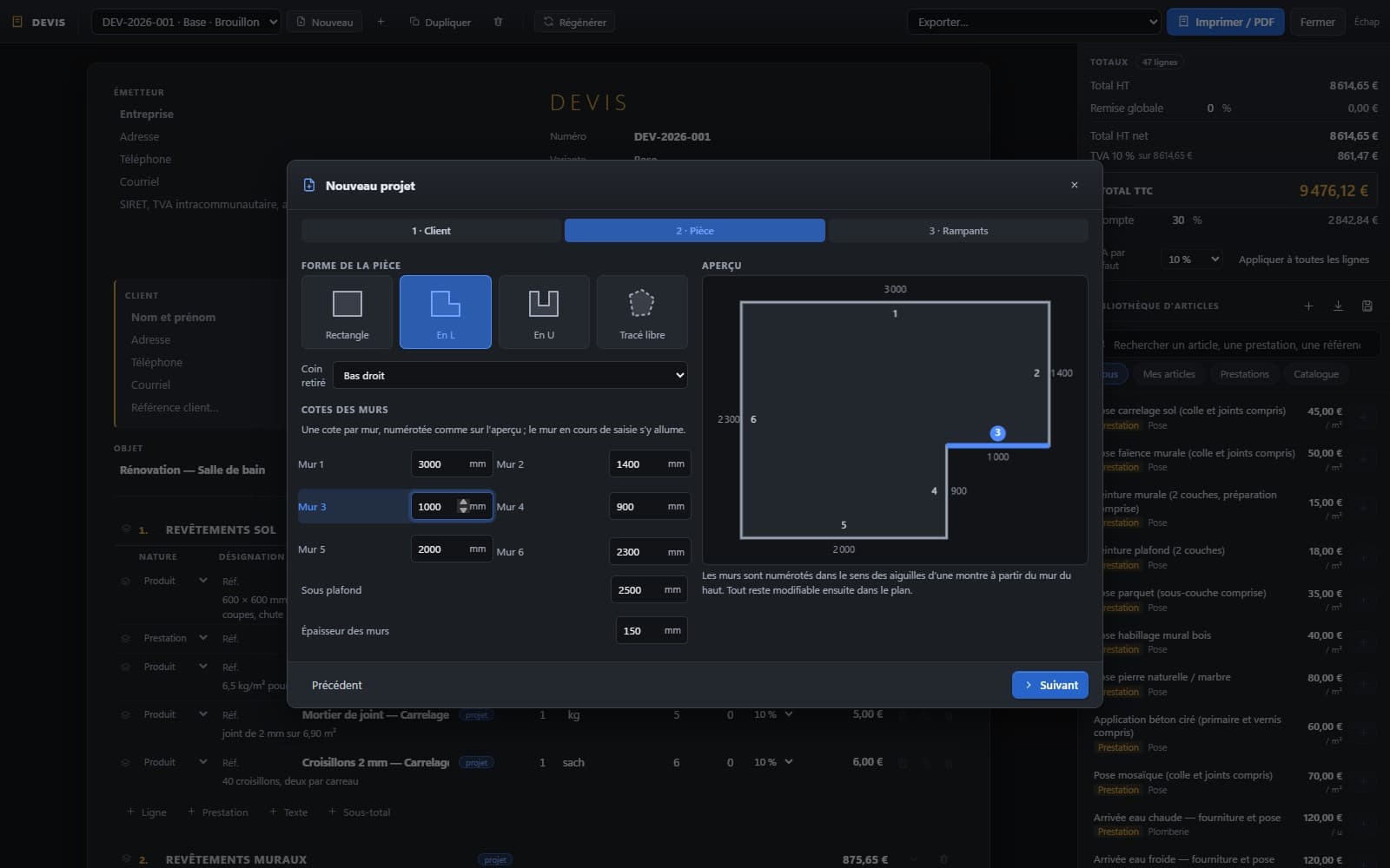 Assistant Nouveau projet : forme en L, cotes mur par mur