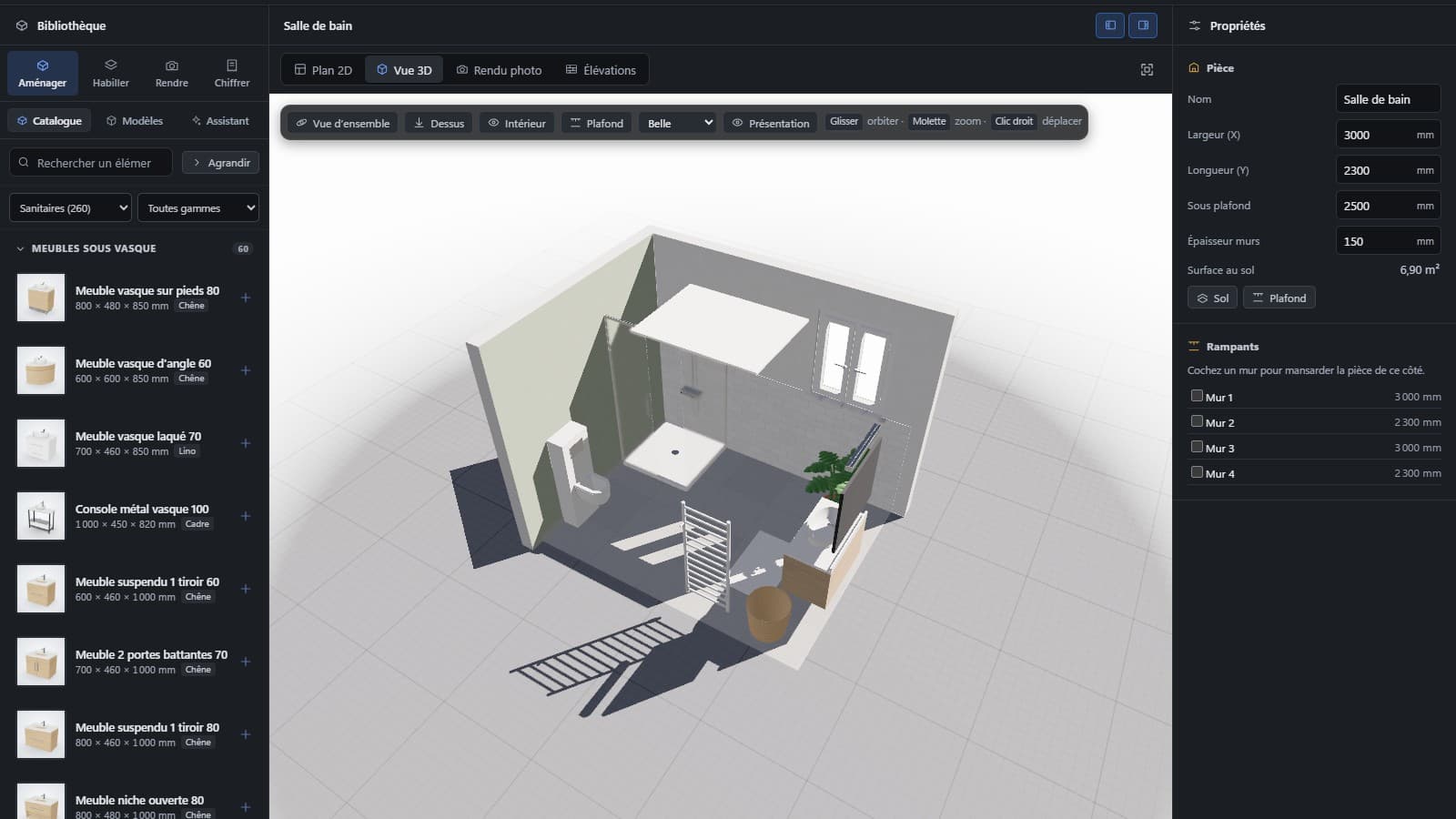 Interface de 3D Rénov : bibliothèque de produits, vue 3D et propriétés de la pièce