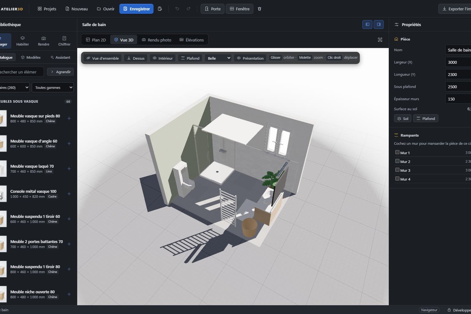 Interface complète : catalogue, vue 3D et propriétés